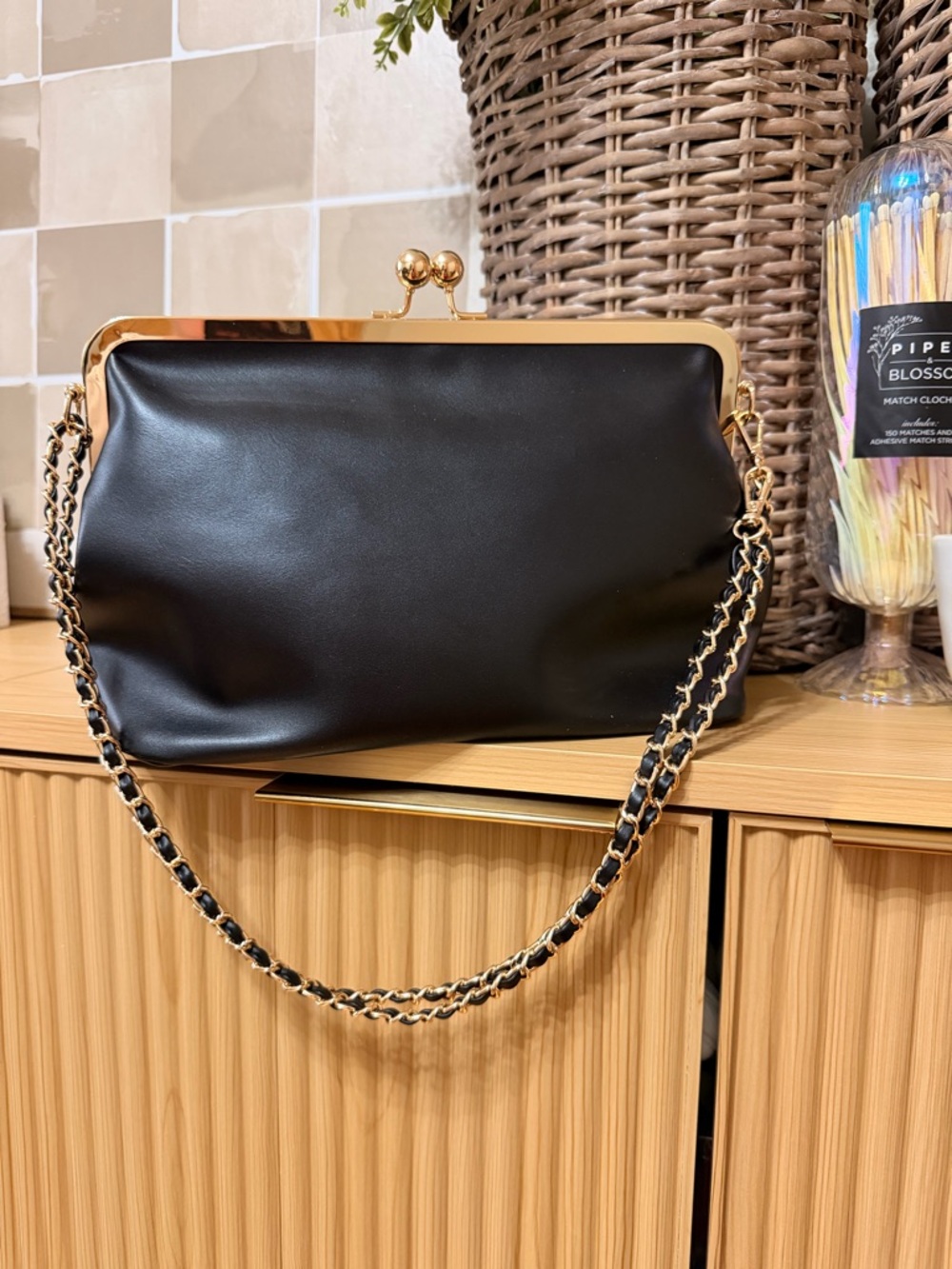 Classic Black Leather-Style Frame Shoulder Bag with Gold Chain